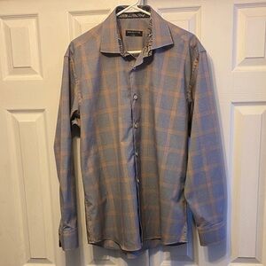 Mastitis- Men's Casual Button-Down Shirt in Blue and Tan Plaid